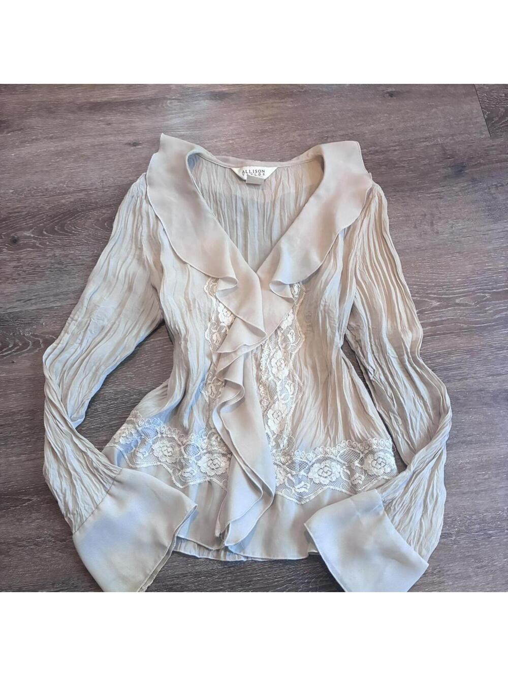 Allison Taylor beige blouse with ruffles and lace details! soo pretty medium